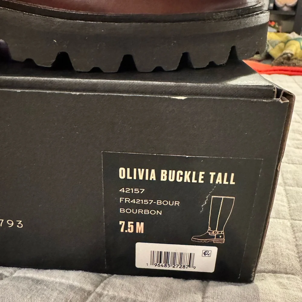 NWT in Box Frye Olivia Buckle Tall Boots - Bourbon (Deep Burgundy Brown)
